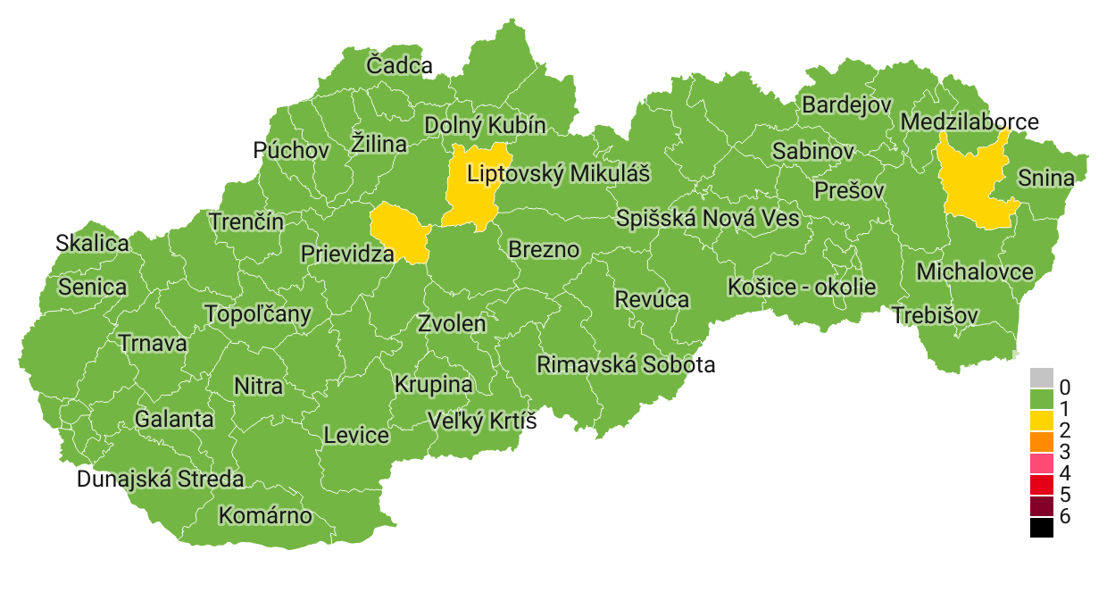 Od pondelka budú žlté už iba okresy Humenné, Ružomberok a Turčianske Teplice