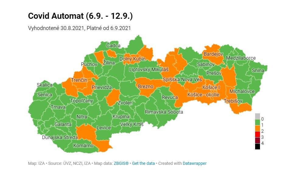 Od pondelka je oranžových 23 okresov, ostatné sú zelené